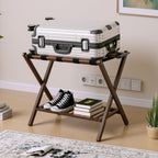 Bamboo Luggage Rack with Shoe Shelf Folding Suitcase Stand with 5 Heavy-Duty Straps for Guest Room Living Room Hotel Ideal Luggage Holder for Suitcases Bags Shoes,Walnut Brown