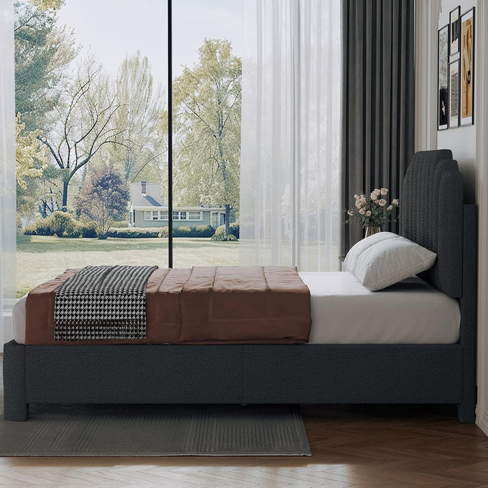 Queen Size Bed Frame with Adjustable Headboard, Grey Boucle Bed Frame