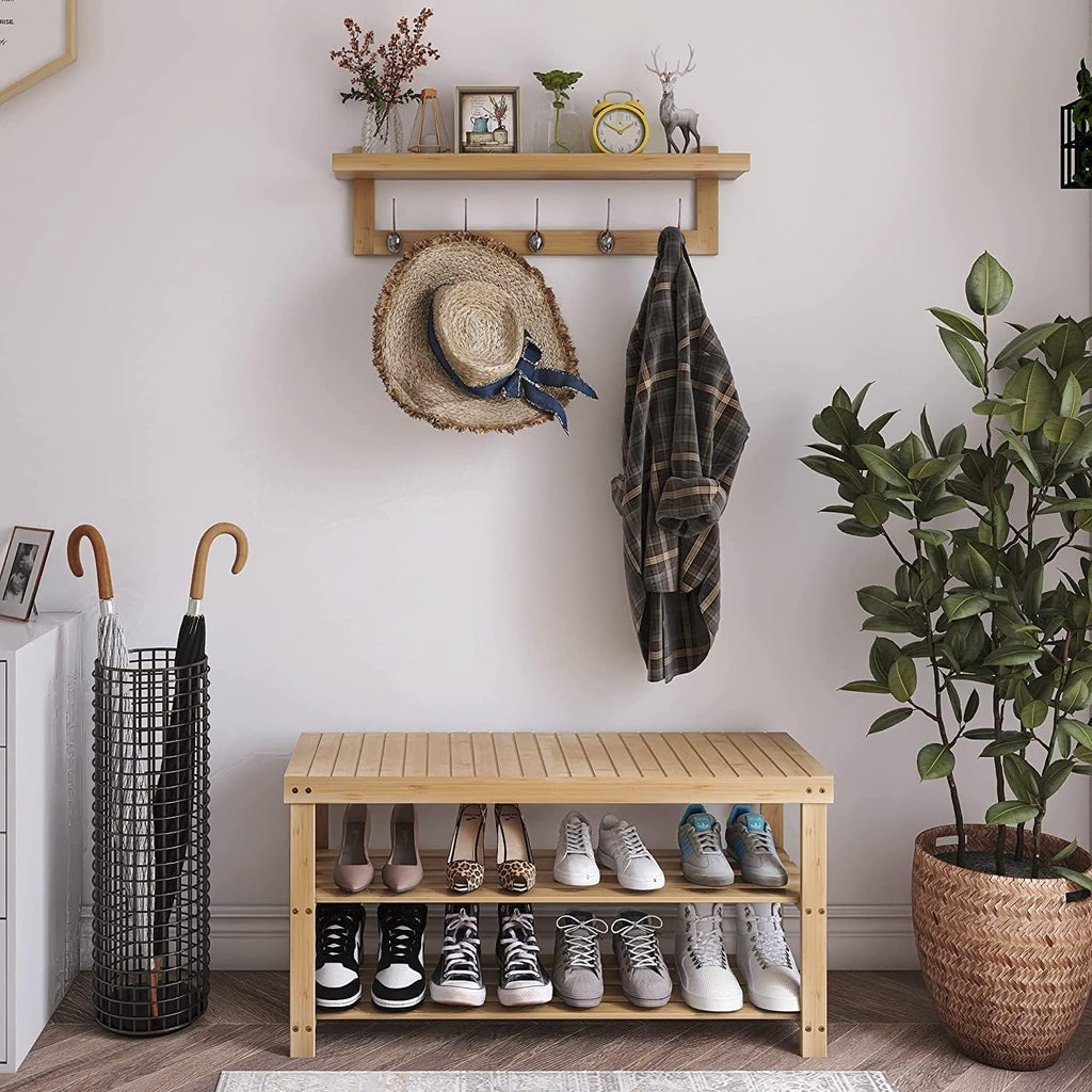 SMIBUY Coat Hooks with Shelf Wall-Mounted, 29.2 Inch Entryway Coat Rack for Wall, Bamboo Hanging Shelf with 5 Double Metal Hooks for Bathroom, Bedroom, Kitchen, Living Room, Mudroom (Natural)