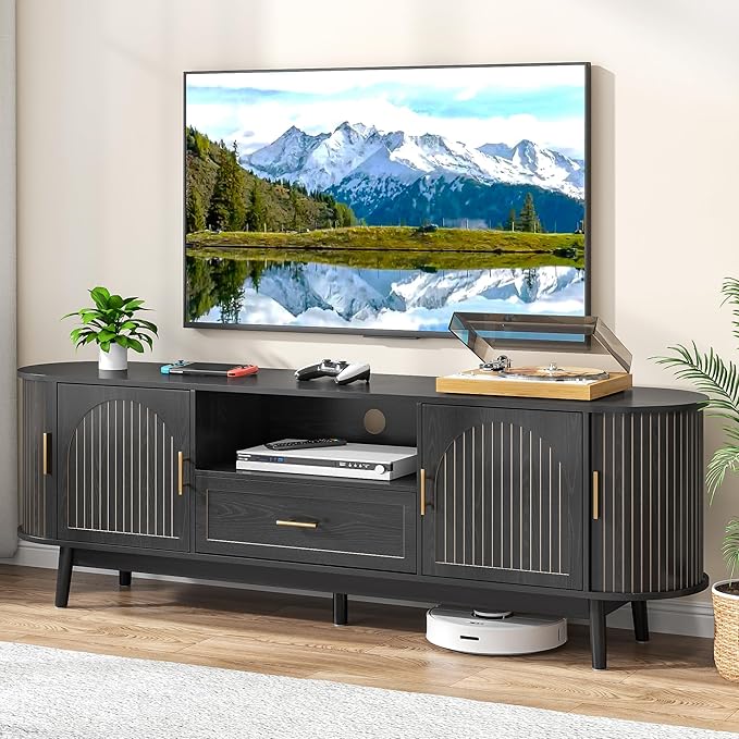 70" Fluted TV Stand for Tvs up to 80", Mid-Century Modern Entertain...