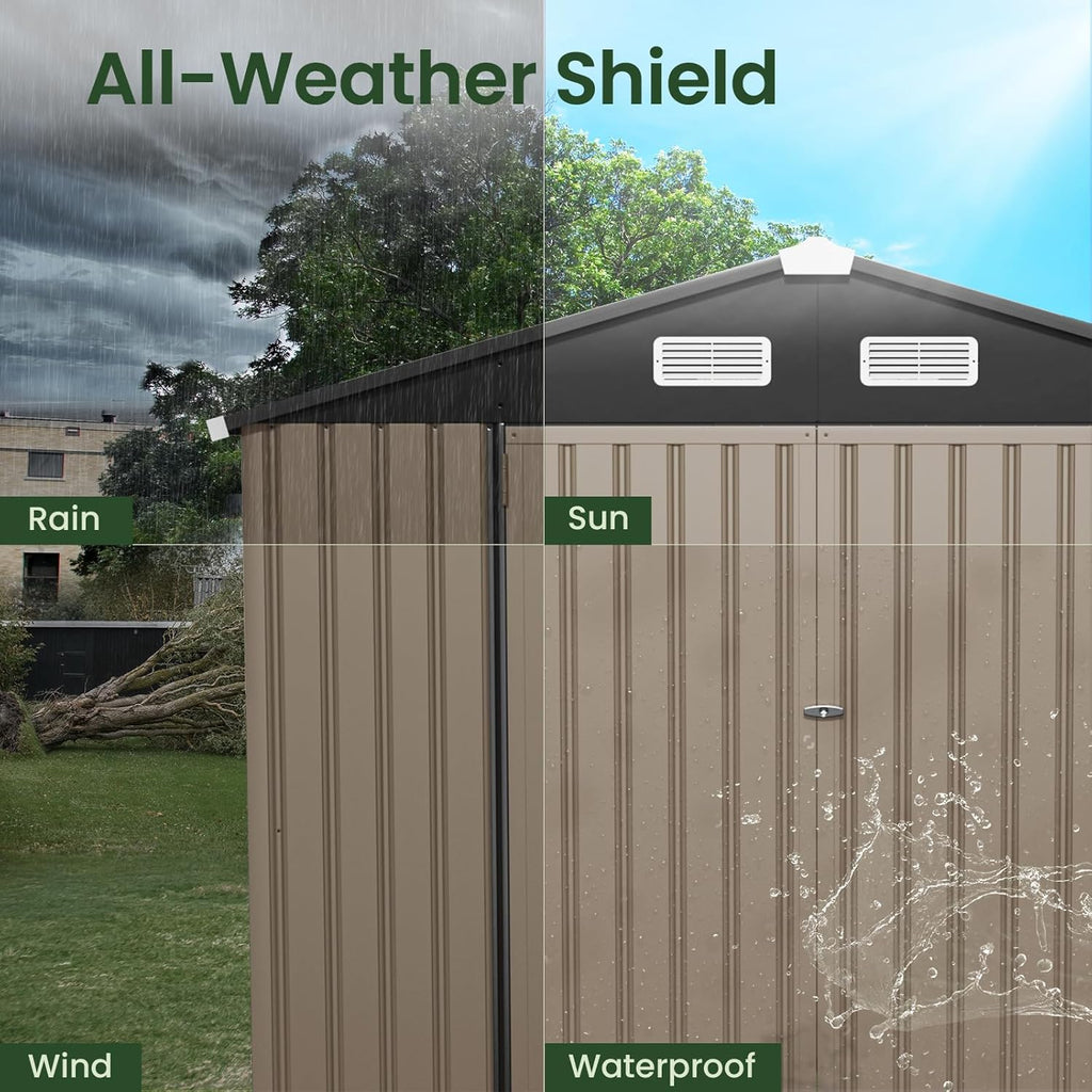 GVDV 8x6 FT Outdoor Metal Storage Shed, 7.3x5.3 FT Base Durable Garden Shed with Updated Frame Structure for Backyard, Patio, Tool Storage, All-Weather Shelter for Bike, Gardening Tools, No Floor