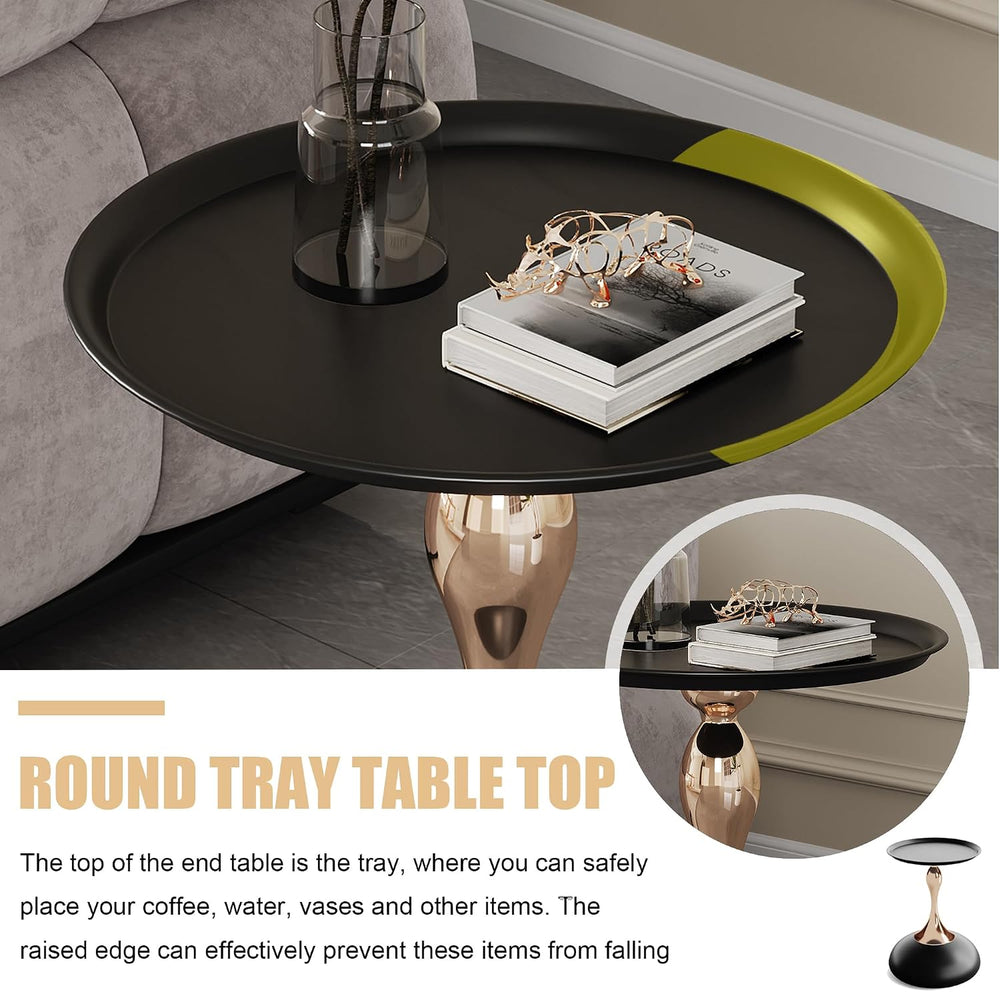 Round Side Table, Small Black End Table with Metal Pedestal, Modern Martini T...
