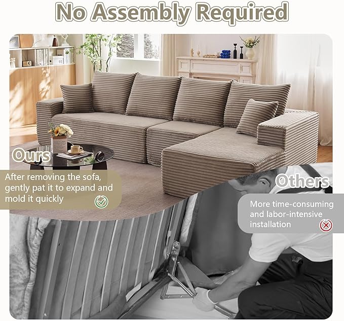 135" Cloud Sectional Couch with L-Shape Chaise, Modern Modular Comfy Sofa Chaise Longue, Upholstered Corduroy Couches Sleeper with Deep Seat for Living Room Bedroom, No Assembly Required, Camel