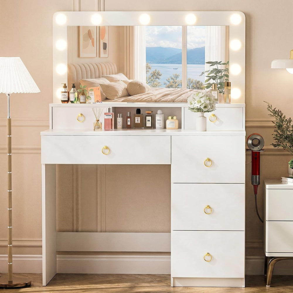 COMHOMA Makeup Vanity Desk with Mirror and Lights, Vanity Table with Divided ...