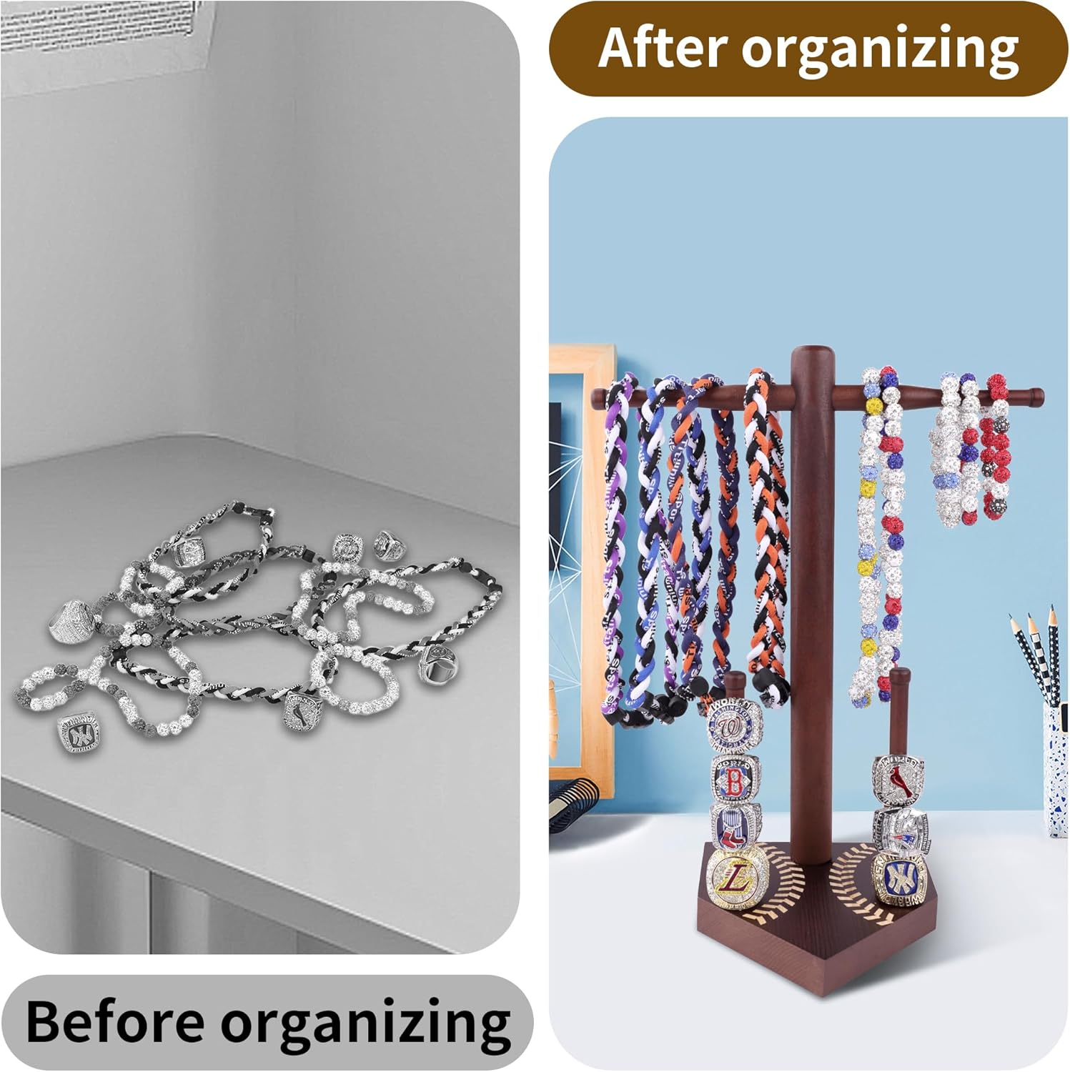 Baseball and Softball Jewelry Organizer - Wooden Display Holder for Championship Rings & Drip Necklaces, All-in-One Sports Ring Holder, Perfect Display Gift for Athletes and Fans
