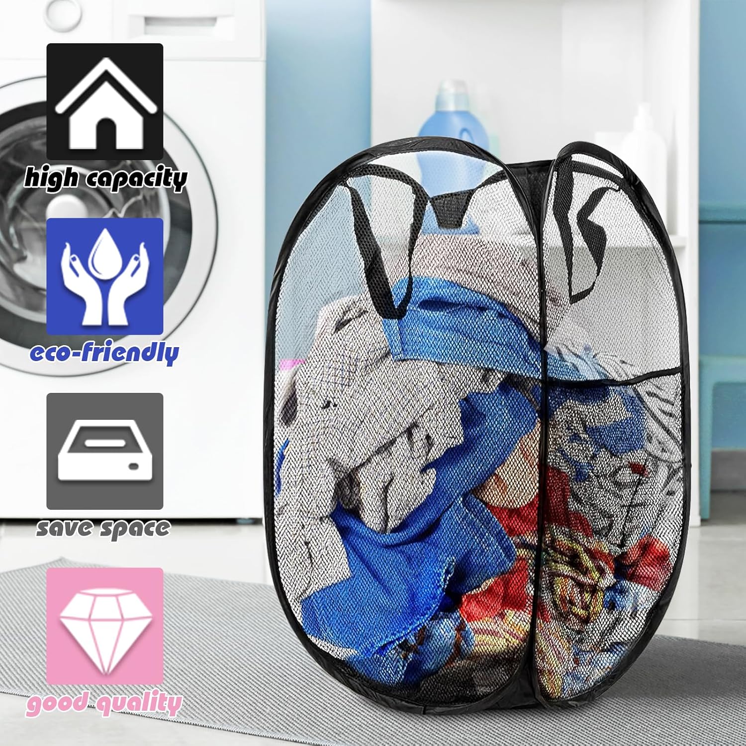 Collapsible Pop Up Laundry Hamper, Extra Large Mesh Foldable Laundry Basket Bag, 28" x 16" x 16", 4 Pack (Black + Pink + Grey + Blue)