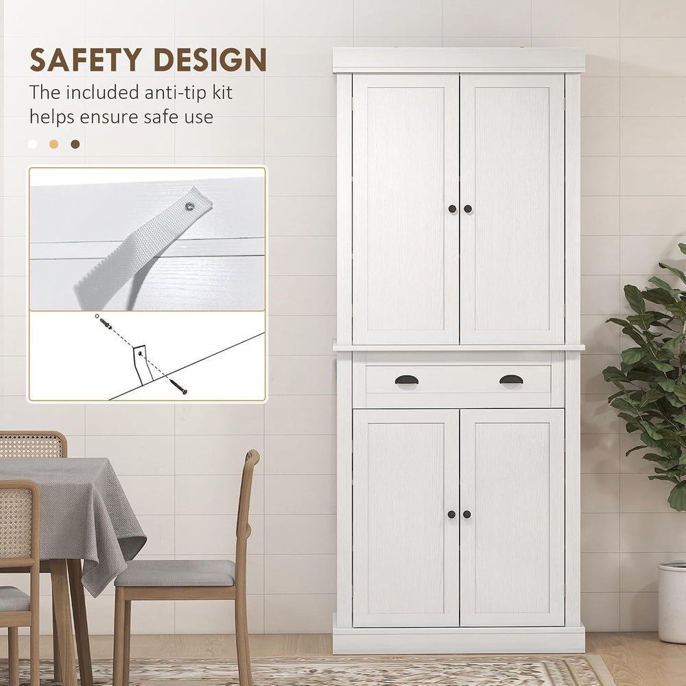 HOMCOM 72.5" Kitchen Pantry Cabinet Freestanding 4 Doors White Wood Grai...
