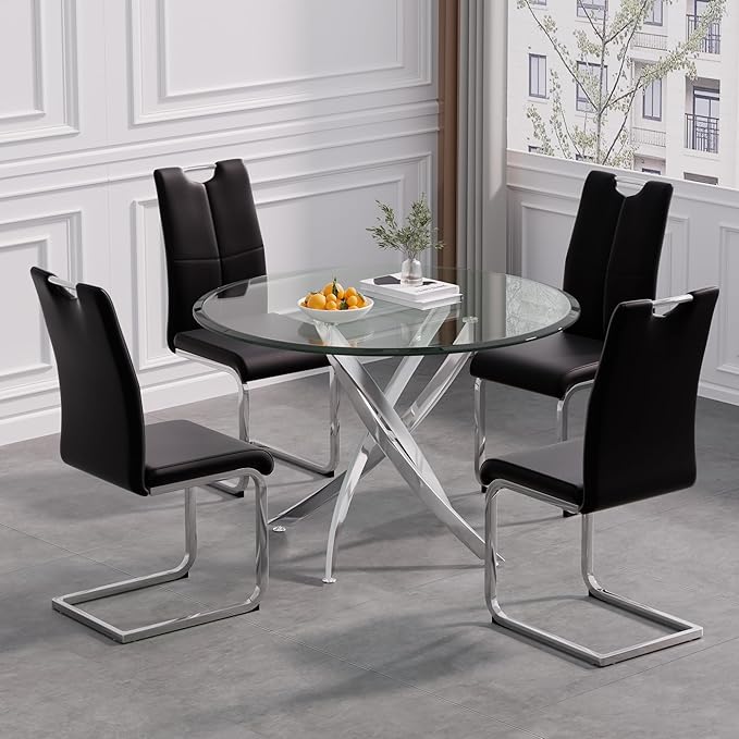 Goujxcy Dining Chairs Set of 2, Modern High Back Kitchen Chairs with Metal Legs and Faux Leather Padded Seat Upholstered Dining Chairs for Dining & Kitchen,Living Room (Black&Silver, Set of 2)