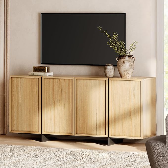 WAMPAT Multifunctional TV Stand for 32-75 Inch TVs, Modern TV Console with Large Storage Cabinet, Entertainment Center Media Console Table for Living Room, Oak