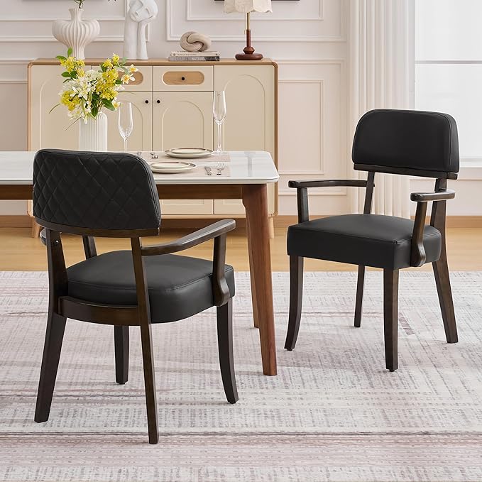 PU Leather Dining Chairs with Arms Set of 6, Upholstered Dining Room Chairs with Hardwood Legs & Open Curved Backrest,Modern Accent Kitchen Chairs 350 LBS Capacity, Black