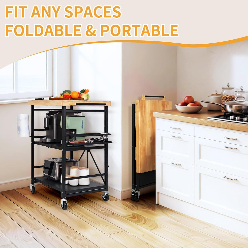 PLKOW Foldable Kitchen Cart with Solild Oak Wood Top, Rolling Kitchen Island ...