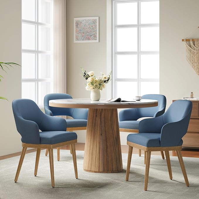 Wooden Dining Chairs Set of 4, Modern Fabric Upholstered Dining Room Chair, Kitchen Side Chairs, Farmhouse Dinner Chair with Open Back for Kitchen, Blue