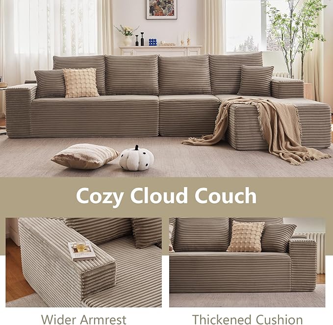 135" Cloud Sectional Couch with L-Shape Chaise, Modern Modular Comfy Sofa Chaise Longue, Upholstered Corduroy Couches Sleeper with Deep Seat for Living Room Bedroom, No Assembly Required, Camel