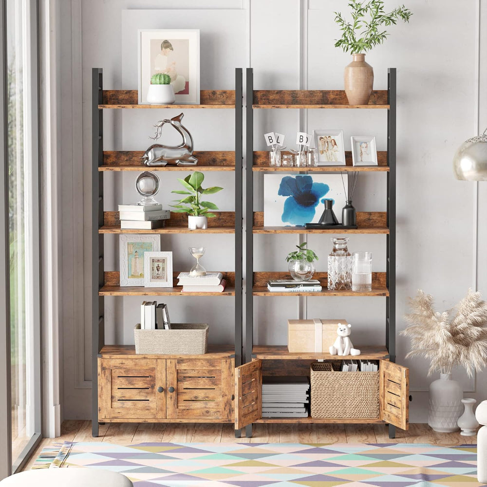 IRONCK 4 Tier Ladder Bookcase with Louvered Doors Rustic Brown