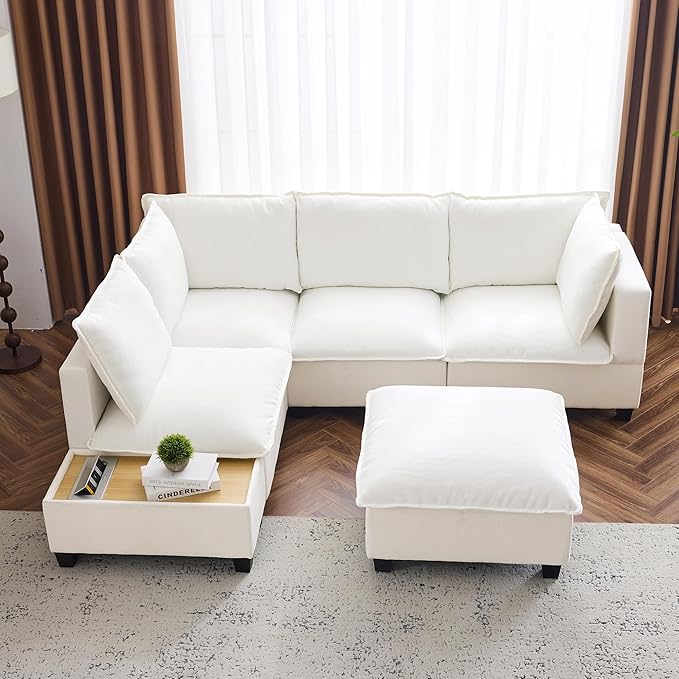 Merax Modern 90" U-Shaped Chenille Sectional Sofa Set, Modular Sofa Couch with a Movable Ottoman, a Coffee Table with Hidden Charging Devices for Living Room, White