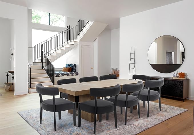 Modern Black Dining Chairs Set of 4, Faux Leather Upholstered Kitchen & Dining Room Chairs, Mid Century Modern Wooden Dining Chairs Oversized Sturdy Rounded Chairs Curved Back