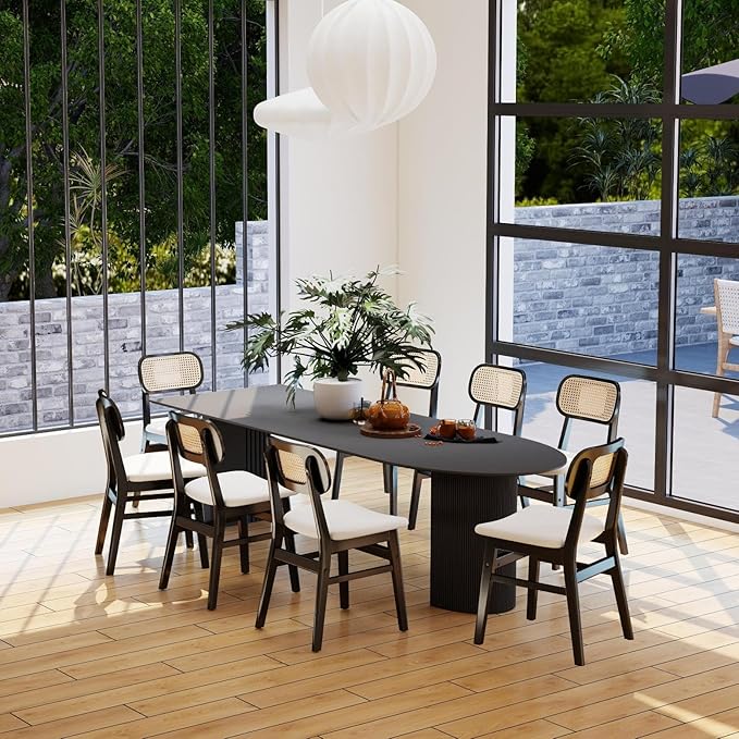 Black Rattan Dining Chairs Set of 4 Lambswool Dining Room Chairs Natural Wooden Kitchen Chairs Farmhouse Boho