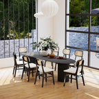 Black Rattan Dining Chairs Set of 4 Lambswool Dining Room Chairs Natural Wooden Kitchen Chairs Farmhouse Boho
