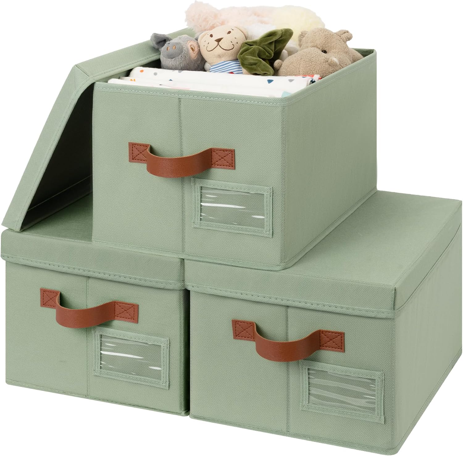 GRANNY SAYS Storage Basket with Lid, Linen Fabric Storage Bins with Label, Decorative Storage Boxes, Clothes Storage and Organization, Memory Keepsake Box, 3-Pack, Green