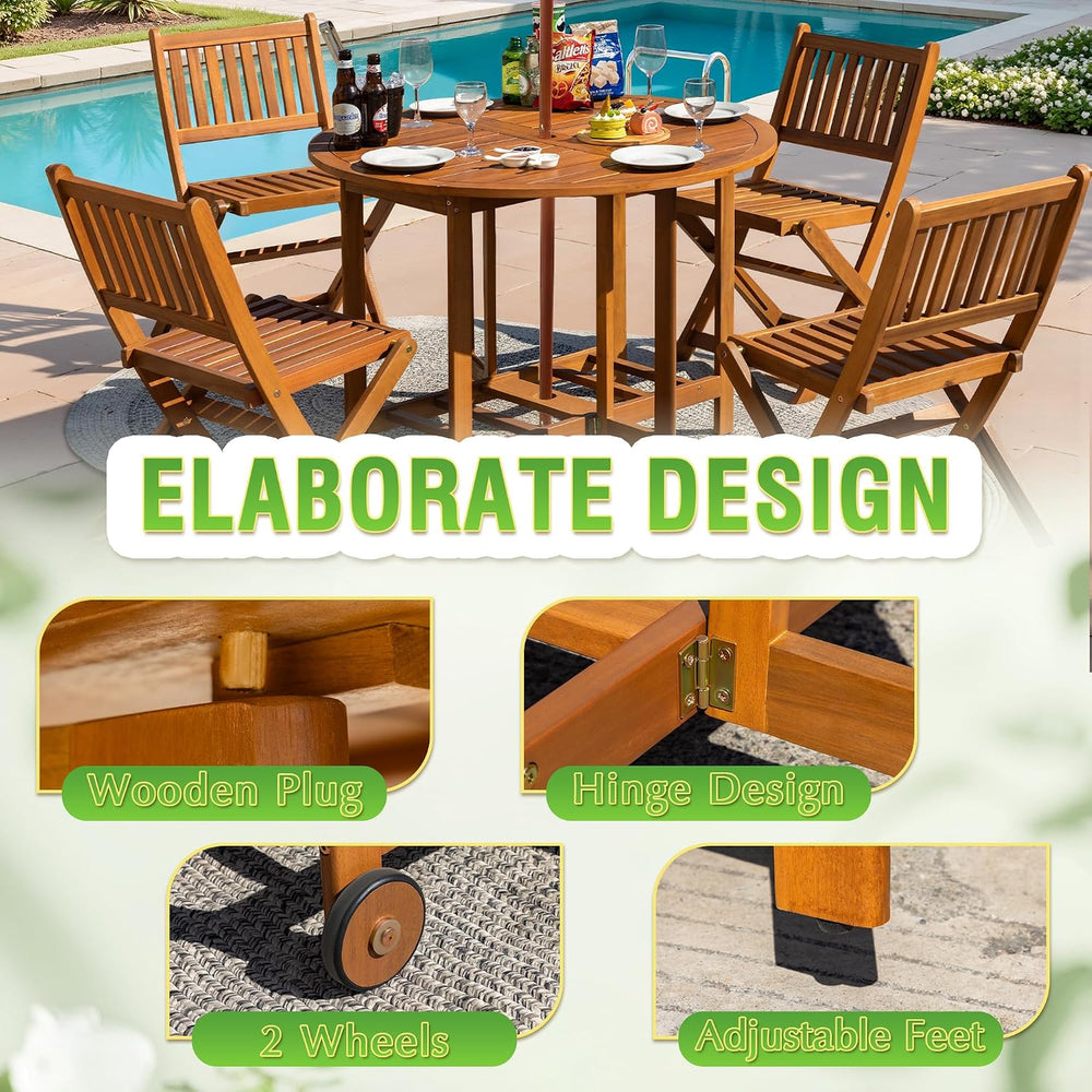 Greesum 5 Piece Patio Dining Set Outdoor Acacia Wood Furniture All-Weather Fo...
