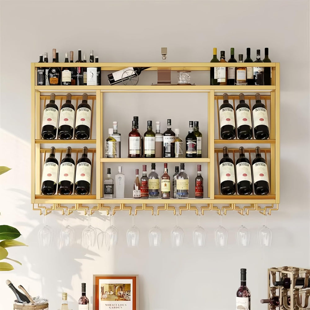 55 Inch Wine Rack Wall Mounted, 3-Tier Wall Bar Shelf with Glass Holder, Indu...