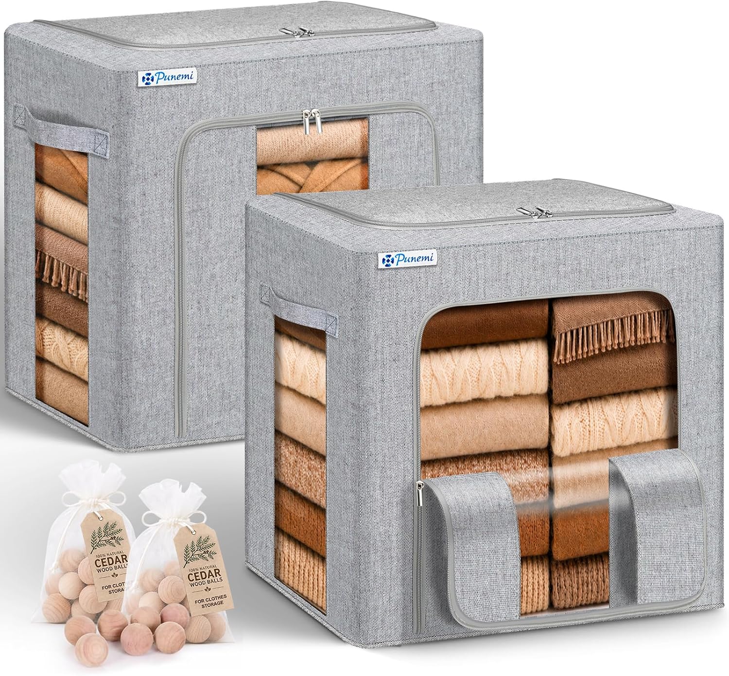 punemi 50L Cashmere Sweater Storage Bags, 2 Pack, Grey | Natural Cedar Balls, Steel Frame, Clear Window, Stackable Design, for Wool, Cashmere & Knit Sweaters