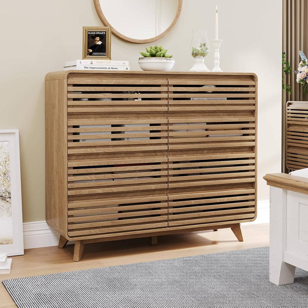 8 Drawer Dresser and Nightstand Sets for Bedroom, 3 Piece Bedroom Set, Wood 8 Drawer Dresser and Nightstand Set of 2, Fluted Chest of Drawers Wide Storage Organizer Cabinet Set, Natural Oak