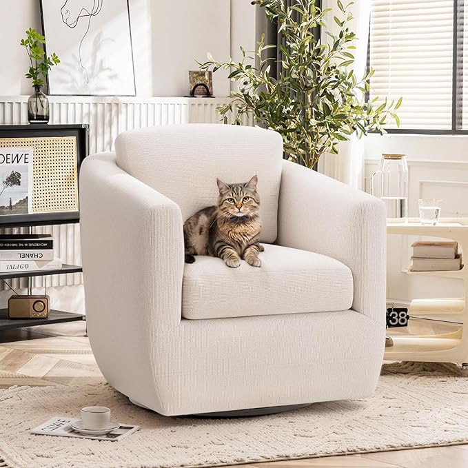 COLAMY 360° Swivel Accent Chair Set of 2 with Pillow, Living Room Armchair No-Sag Foam & Sturdy Metal Base, Fully Assembled Swivel Single Sofa for Bedroom Living Room, Reading Room, Beige