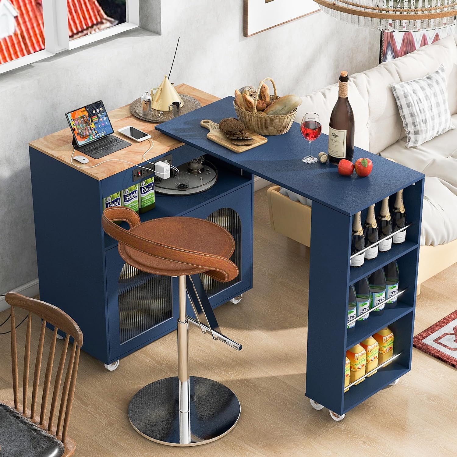 Rolling Kitchen Island Set with Extended Table, LED Lights, Power Outlets, 2 Fluted Glass Doors, a Storage Compartment, Side 3 Open Shelves for Dining Room Kitchens Living Room Navy