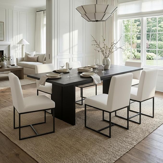 CIMOTA Modern Linen Dining Chair Set of 6, Mid Century Dining Room Chairs Fabric Upholstered Armless Side Chair with Black Sled Base for Dining Room, White Cream 6PCS