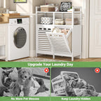 Homykic Tilt Out Laundry Hamper Cabinet, Bamboo Double Laundry Hamper with 2 Removable Laundry Baskets, 20 Gal Laundry Sorter Organizer with Shelf for Dirty Clothes, Bathroom, Laundry Room, White