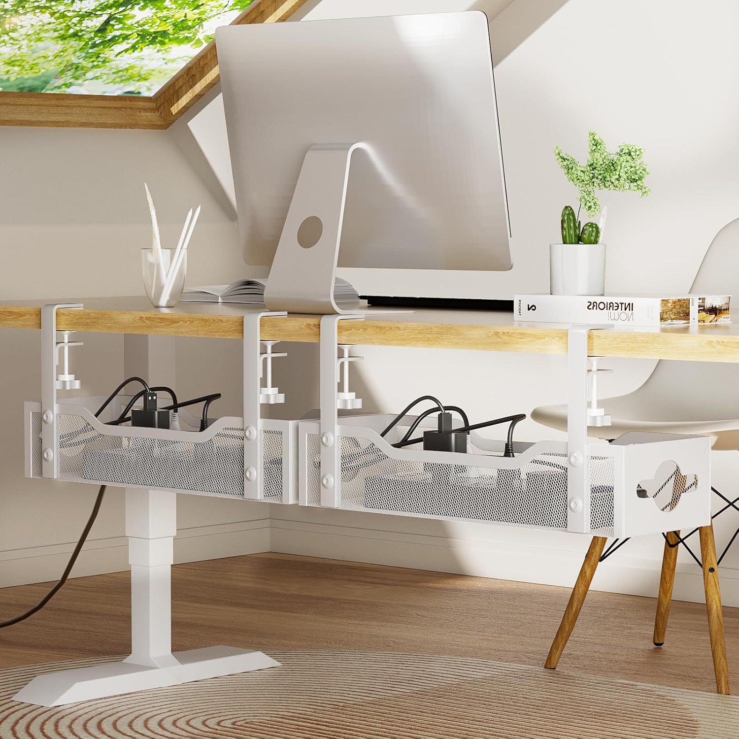 Under Desk Cable Management Tray 2 Pack, No Drill Cable Organizer With Clamp for Standing Desk, Easy to Install Cord Management System, No Damage Wire Organizer
