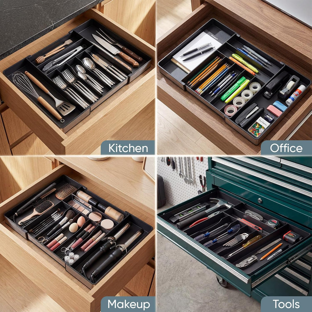 Silverware Drawer Organizer, 9 Slots Expandable Kitchen Drawer Organizer | Extra Large Utensil Holder & Cutlery Tray, Heavy Duty Stainless Steel Frame Flatware Organizer, Non-Slip Feet Included, Black