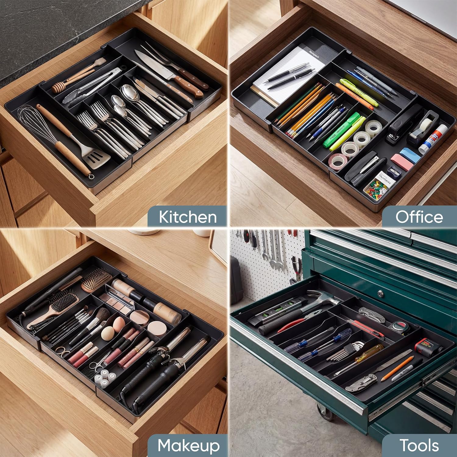 Silverware Drawer Organizer, 9 Slots Expandable Kitchen Drawer Organizer | Extra Large Utensil Holder & Cutlery Tray, Heavy Duty Stainless Steel Frame Flatware Organizer, Non-Slip Feet Included, Black