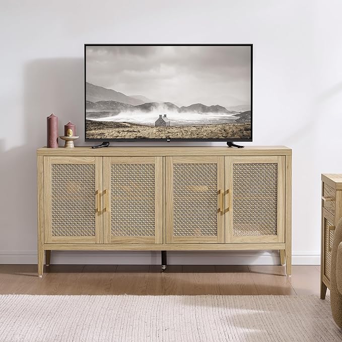 SICOTAS TV Stands for Living Room Bedroom - Farmhouse Entertainment Center TV Console with 4 Doors Cabinet, 59" Television Stands Media Console Credenza for 45 50 55 60 65 Inch TVs, Light Walnut