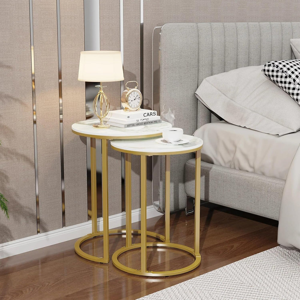 Set of 2 Modern Round Marble Metal Base Nesting Set Side Accent Table Living ...