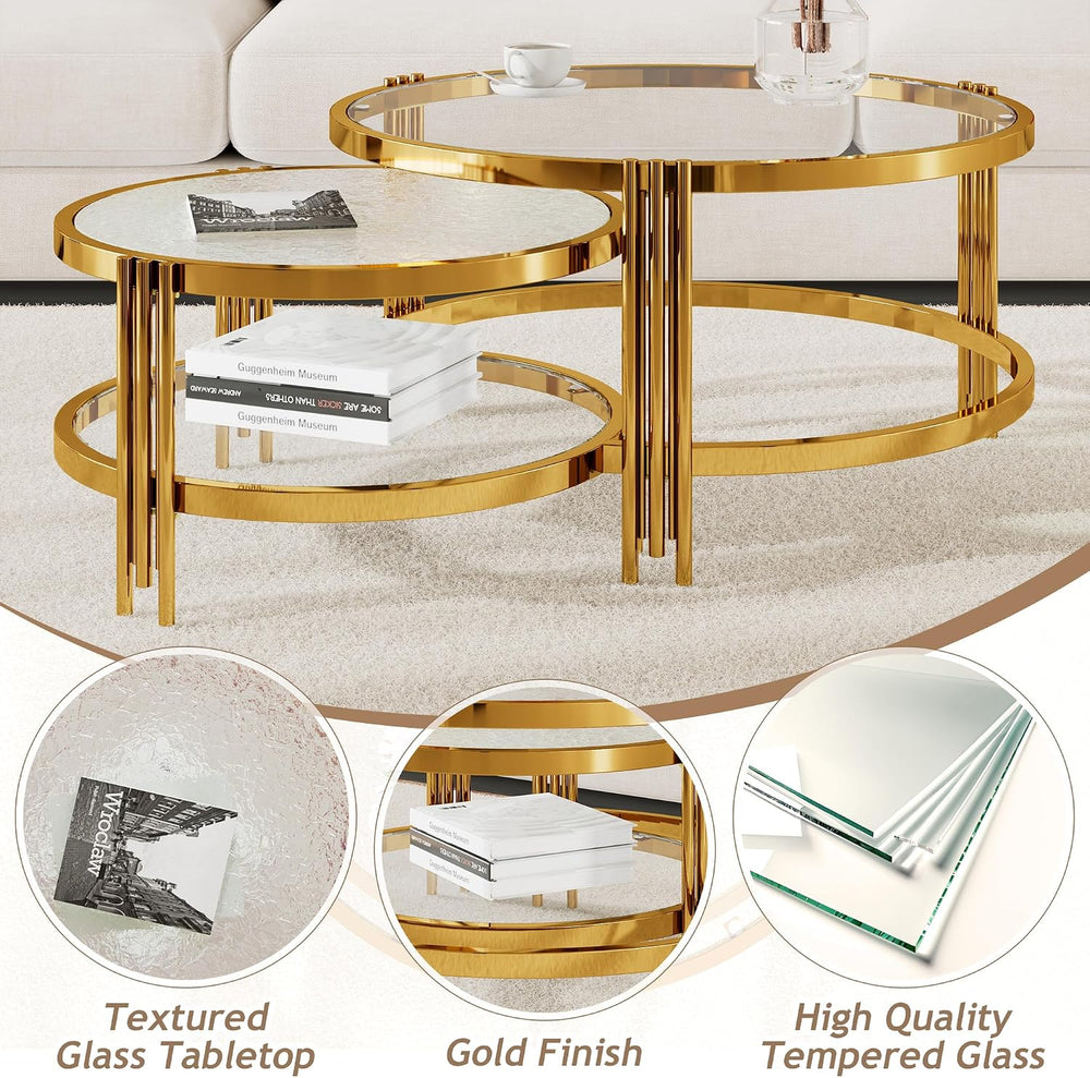 32.75" Round Glass Coffee Table Set of 2, 2-Tier Luxury Nesting Coffee T...