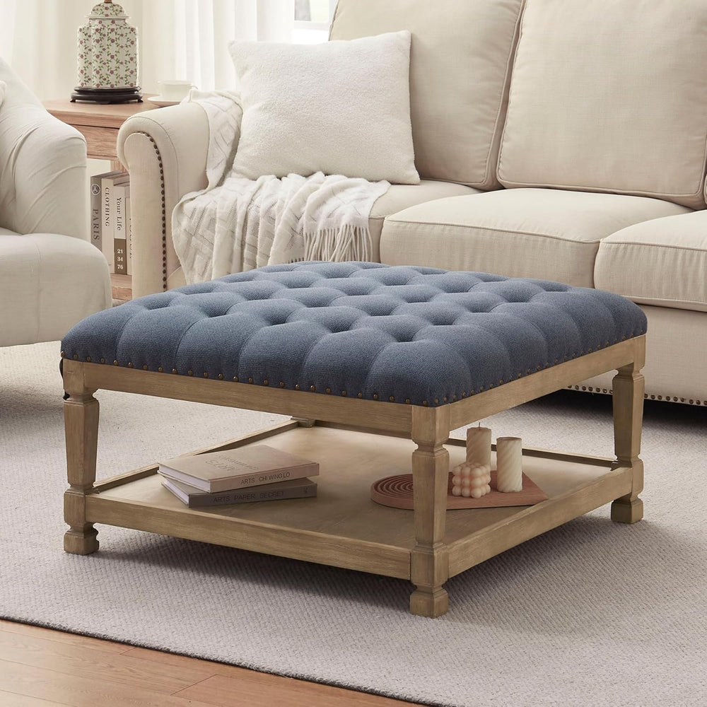 Ottoman Coffee Table,Square Wooden Upholstered Tufted Ottoman Foot Rest with ...