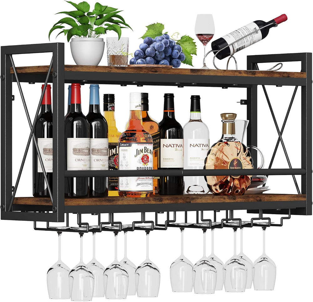 Homeiju Wall Mounted Wine Rack, Bottle & Glass Holder Wood-Metal Retro Wi...