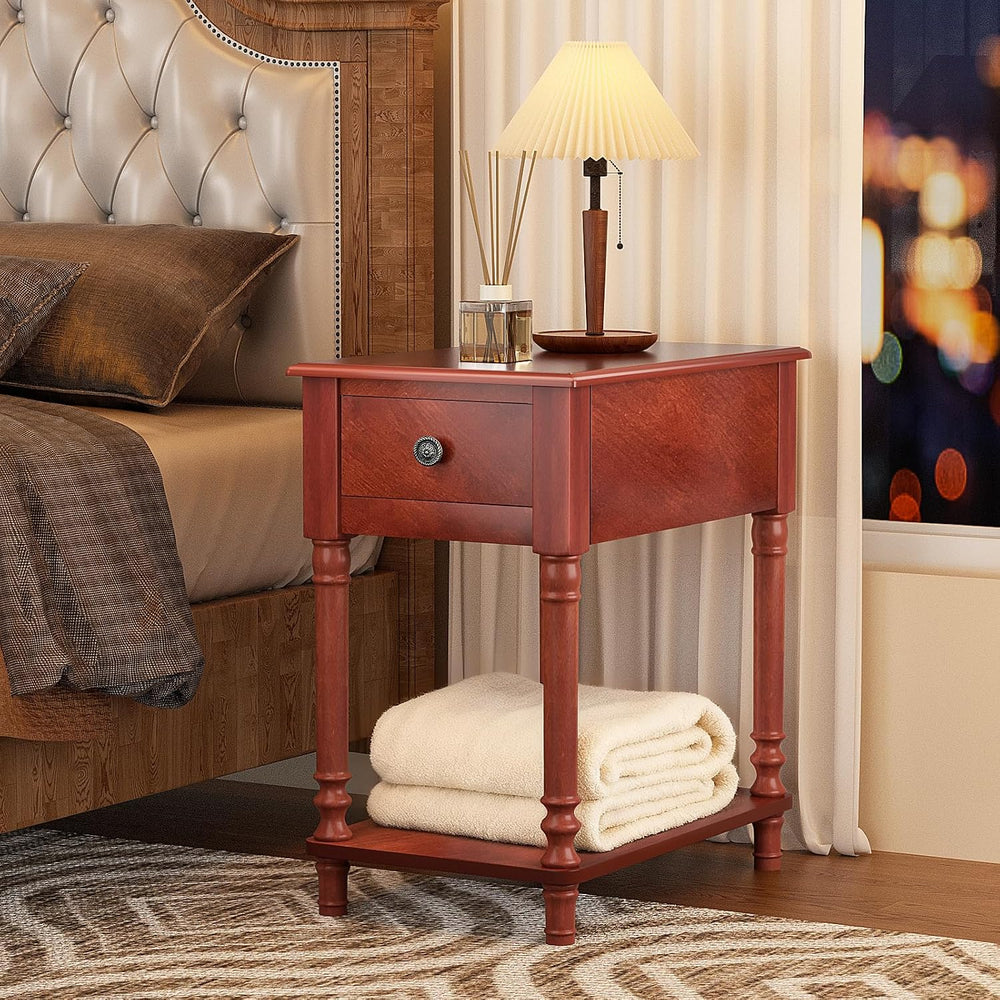 ROOMTEC Solid Wood End Table with Drawer and Shelf, Narrow Side Table Living ...