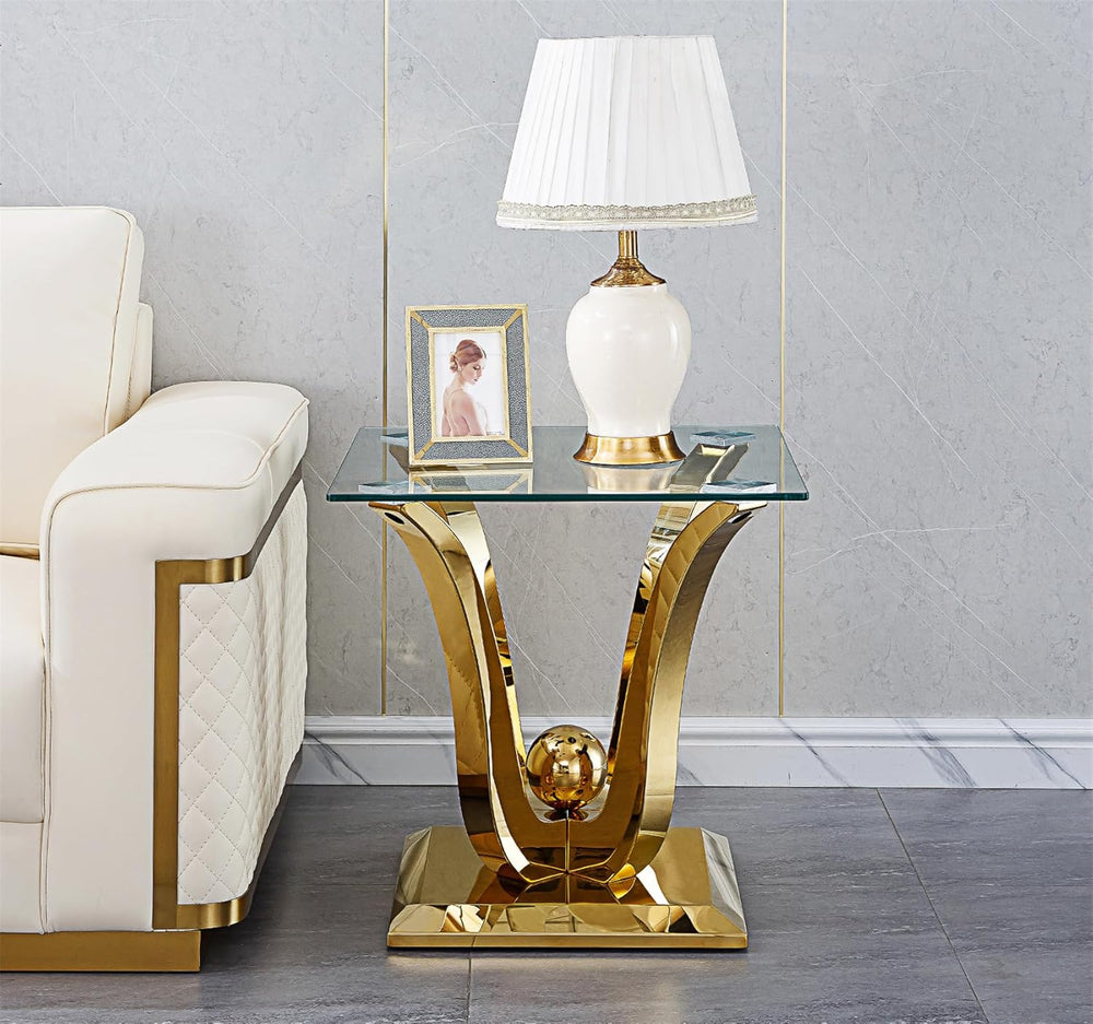 Modern Glass End Table Square Gold Living Room Table Sofa Side Table with 0.4...