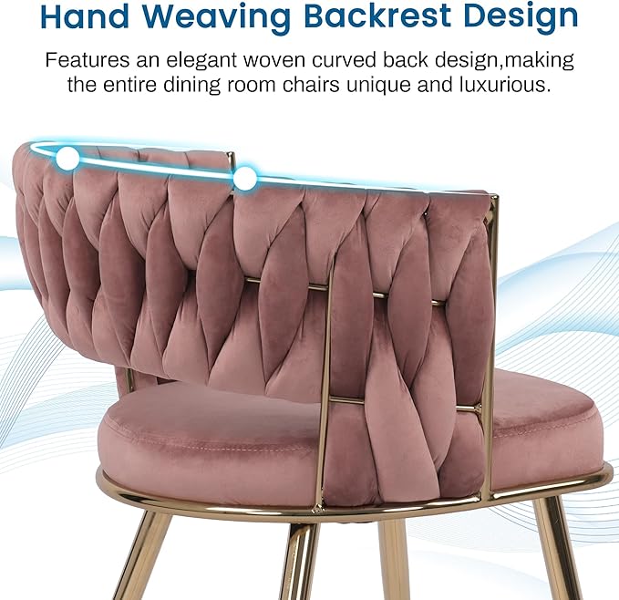 KCC Modern Velvet Dining Chairs Set of 2, Upholstered Living Room Chair with Woven Back and Golden Metal Legs, Mid-Century Accent Side Chair for Dining Room, Kitchen, Rose
