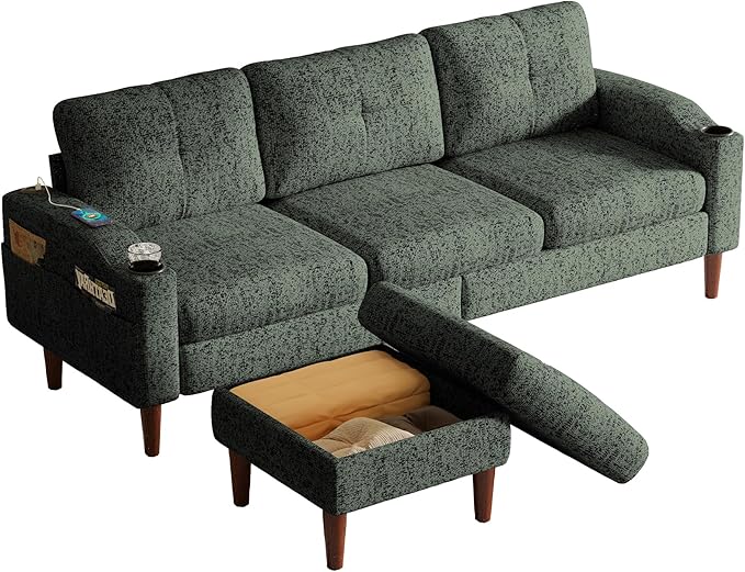 Ball & Cast Modular L Shaped Sectional Sofa with Movable Storage Ottoman,3 Seater Comfy Cloud Couch W/Cupholders and USB Ports,Linen Fabric Sofa for Living Room,Apartment,Small Space,Green,78"