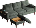 Ball & Cast Modular L Shaped Sectional Sofa with Movable Storage Ottoman,3 Seater Comfy Cloud Couch W/Cupholders and USB Ports,Linen Fabric Sofa for Living Room,Apartment,Small Space,Green,78"