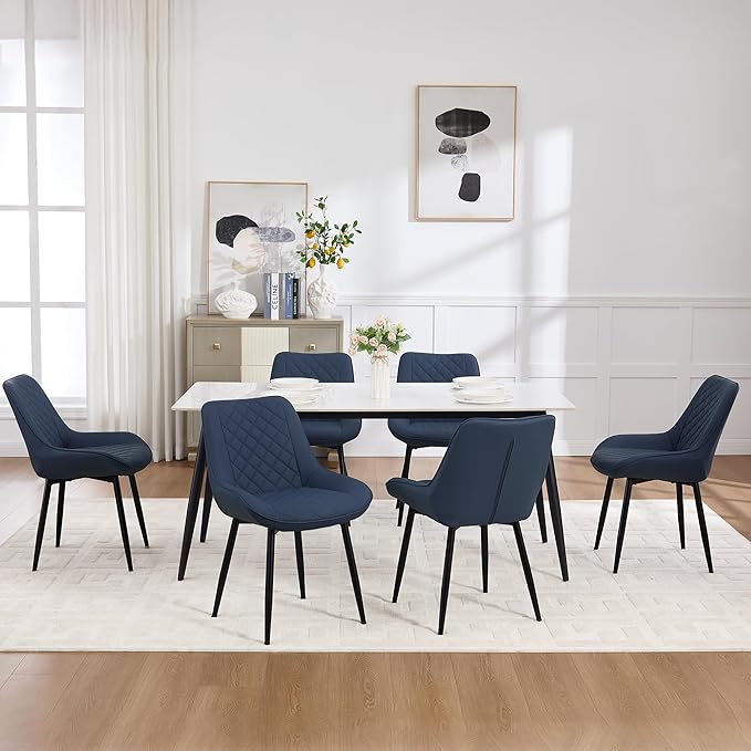 Dining Chair Set of 6, Modern Dining Chairs with Thick Cushions, Faux Leather Upholstered Kitchen Dining Room Chairs with Metal Adjustable Legs for Dining Living Room, Blue