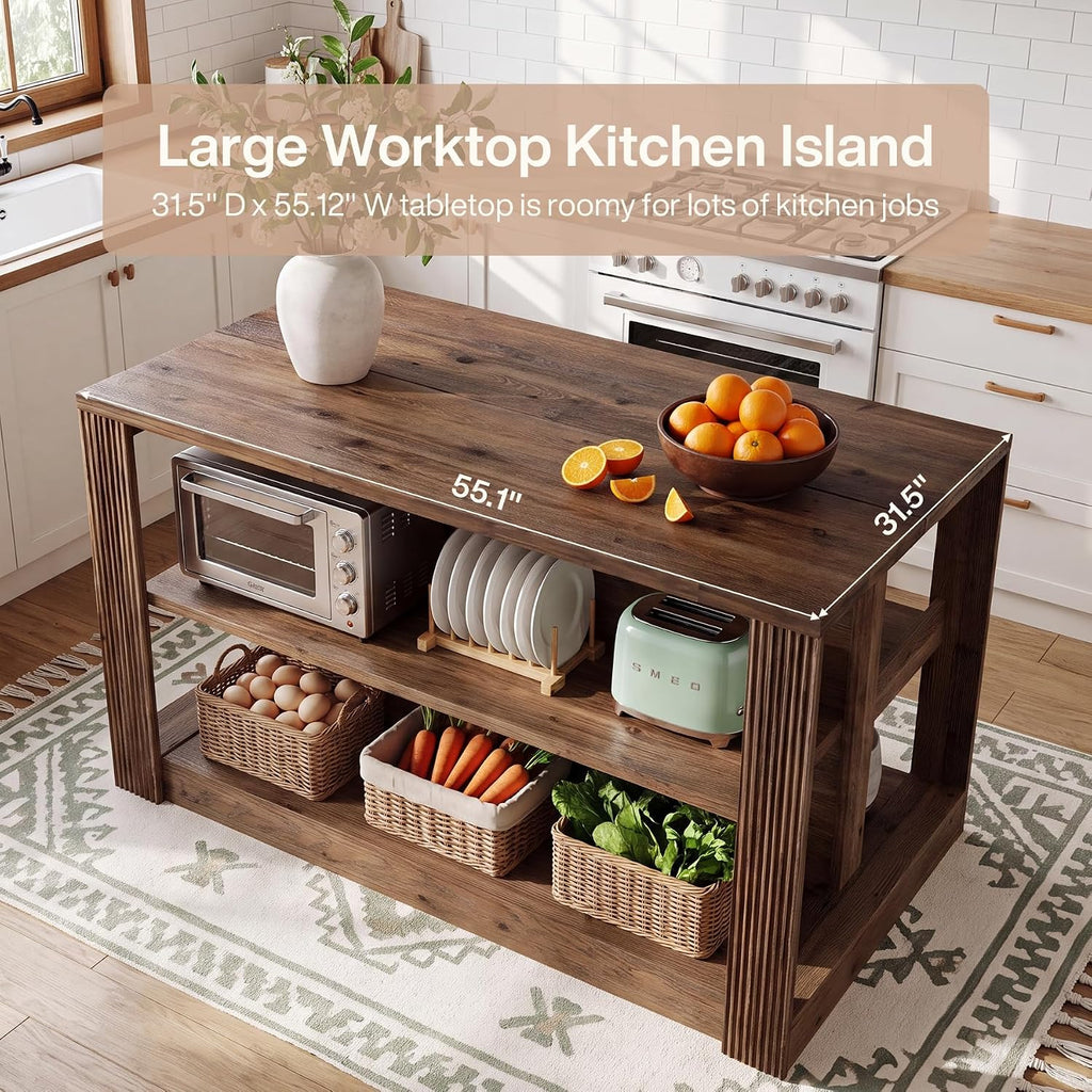 55" Solid Wood Kitchen Island Table with Storage | Farmhouse Island Table with 2-Tier Open Shelves, Sturdy Counter Height Bar Table for Kitchen, Dining Room, Rustic Brown