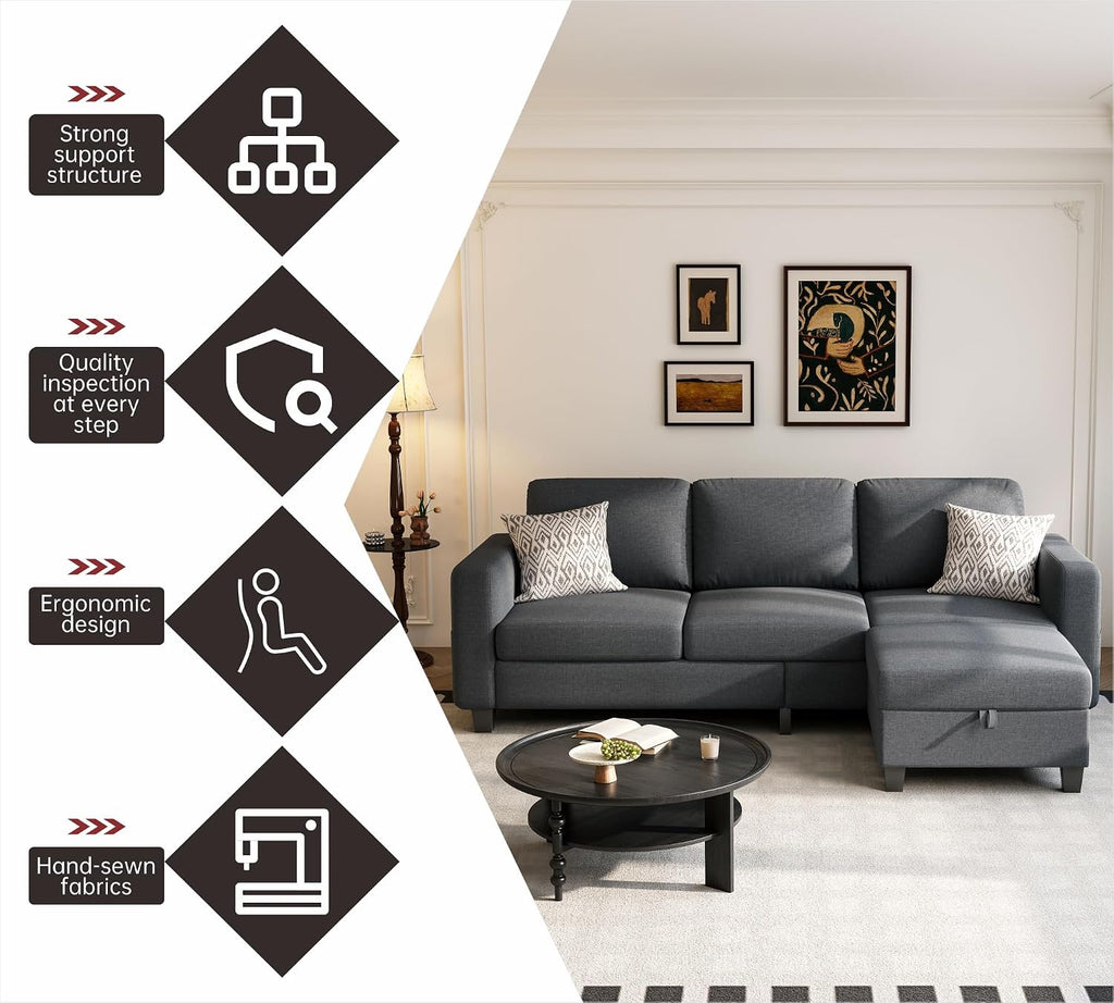 Youmumeub 78" Sectional Sofa Couches for Living Room, 3 Seat L Shaped Convertible Couch with Storage Ottoman, Comfortable Pet-Friendly Linen Sofa Set for Small Space, Apartment, Office, Dark Grey