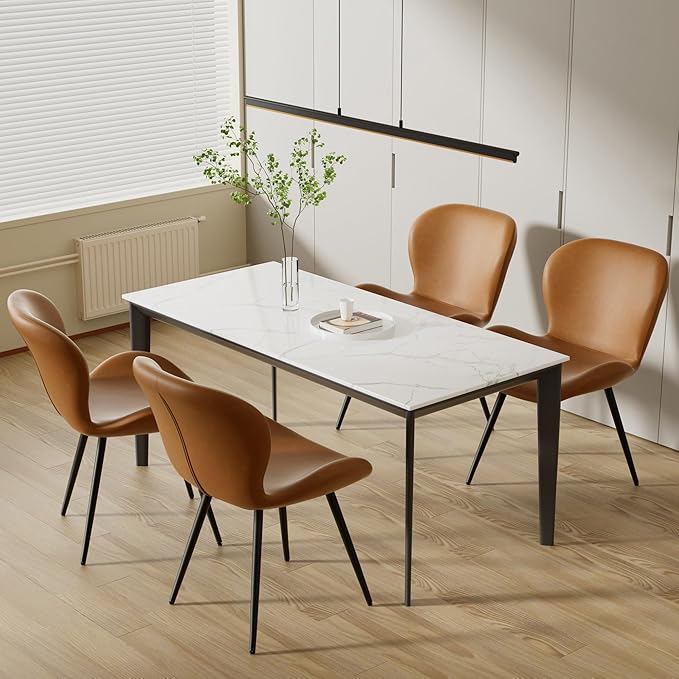 Nalupatio Dining Chairs Set of 6, Modern Dining Room Chairs Comfy Backrest Thick Upholstered Kitchen Chairs 19IN Height with Metal Legs Brwon（Pu Leather）