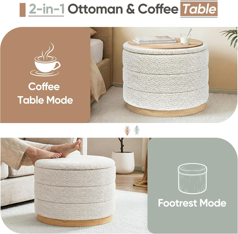 Round Storage Ottoman with Tray Lid, Folding Chenille Fabric Footrest with Hi...