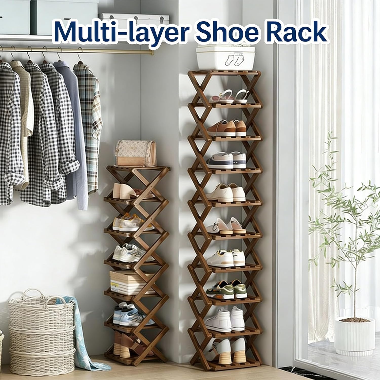 2-10 Tiers No-Assembly Bamboo Rack, No-Tool Assembly, Foldable Storage Shelf, Vertical Shoe Organizer for Small Spaces, The 9-Tier No-Assembly Bamboo Rack (Natural,10 Tier)